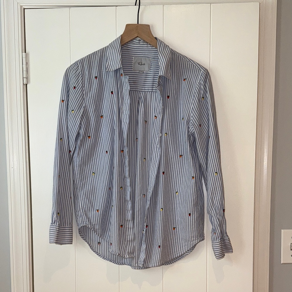 Rails Blue Striped Button Down Shirt with Colorful Embroidery